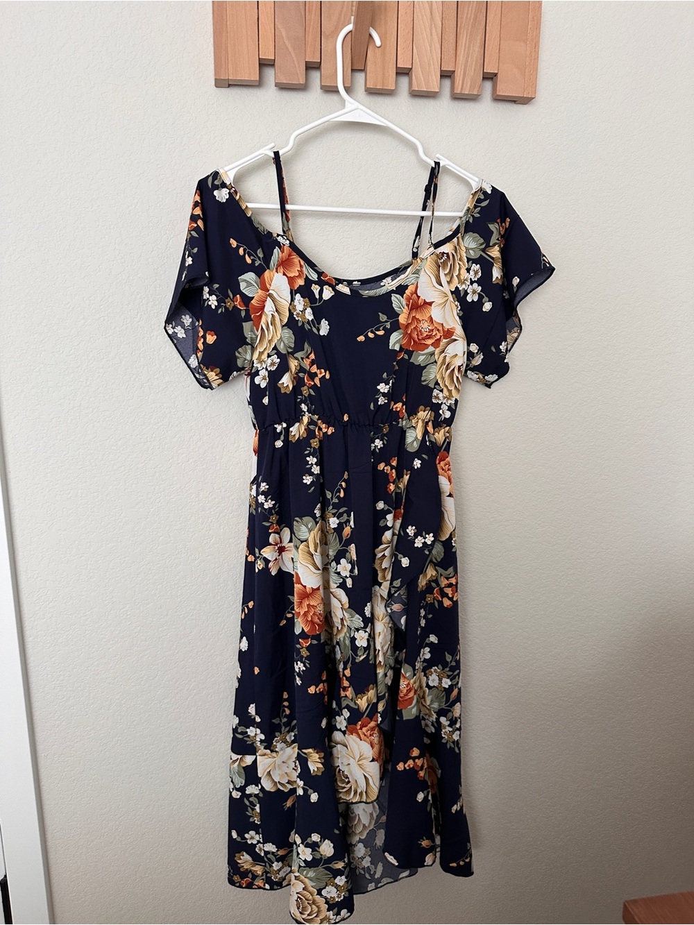 SHEIN Navy Floral Cold-Shoulder Midi Dress